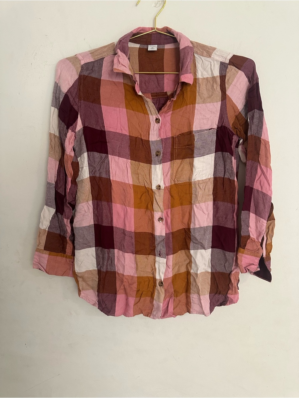 Old Navy Pink, Brown and Burgundy Plaid Button-Down Shirt